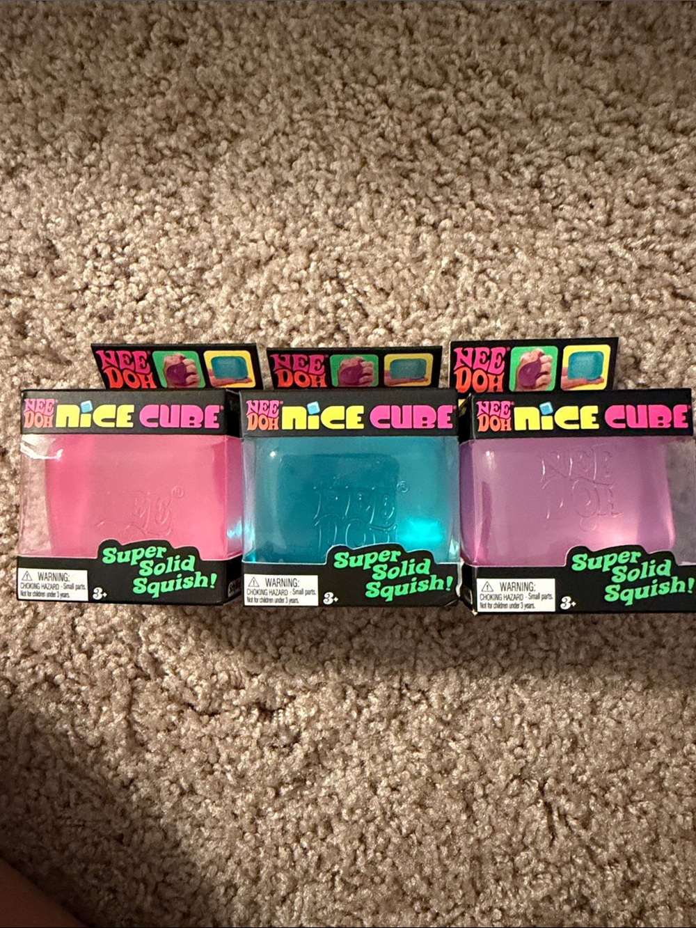 3 Needoh Nice Cube Super Solid Squish Toy - Pink, Blue, Purple